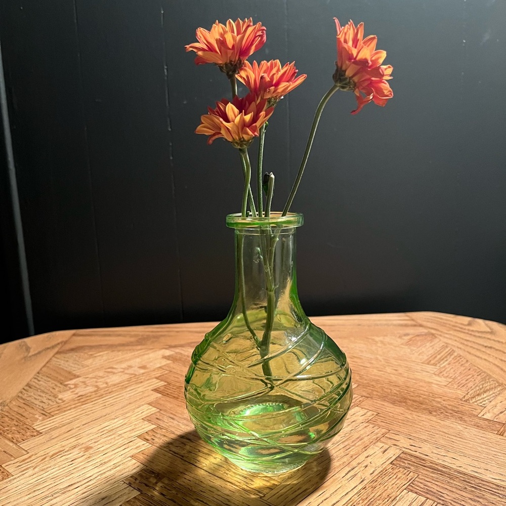 Vintage boho green glass bud vase